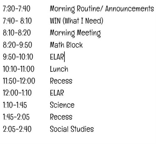 MIss Zettner's Class Schedule